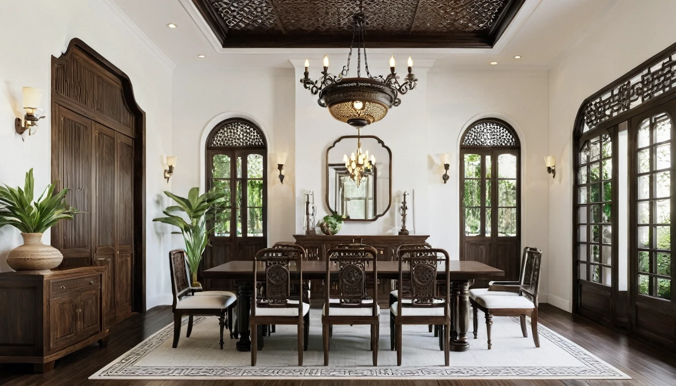 Render a sophisticated Indochine-style dining room that harmonizes with the rest of a 5-meter-wide, 3-story townhouse. The dining area features a large, elegant wooden dining table with intricately carved legs and matching chairs upholstered in luxurious, patterned fabrics. The walls are a pristine white with dark wooden trim, showcasing traditional Indochine patterns and decorative wooden panels. Arched windows with wooden shutters provide natural light, while hanging lantern-style pendant lights create a warm, inviting atmosphere. The floor is a combination of polished dark wood and patterned tiles, offering both elegance and functionality. A traditional wooden cabinet displays fine china and decorative items, adding to the cultural ambiance.
8k resolution, UHD, high-quality detail, Indochine style, sophisticated dining room, large wooden dining table, intricately carved legs, matching chairs, patterned fabrics, pristine white walls, dark wooden trim, traditional Indochine patterns, decorative wooden panels, arched windows, wooden shutters, natural light, lantern-style pendant lights, polished dark wood flooring, patterned tiles, traditional wooden cabinet, fine china, decorative items.