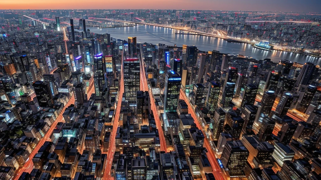 new tokyo、Night view、metropolis、Side view、Clean Digital Art、Futuristic City、((I can see the bay in the distance))