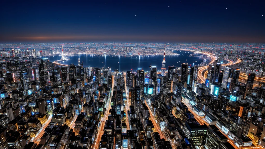 new tokyo、Night view、metropolis、Side view、Clean Digital Art、Futuristic City、((I can see the bay in the distance))