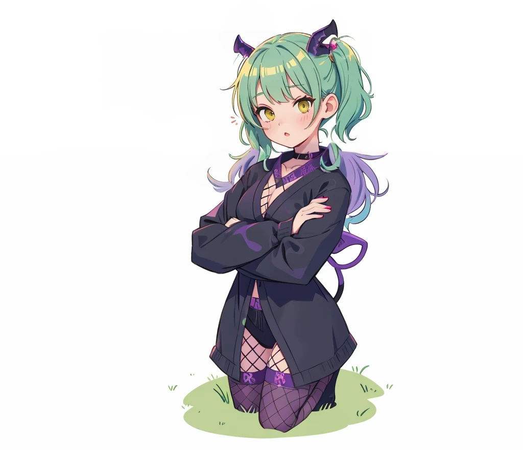 succubus, demon wings, demon horns, black Japanese ninja outfit with purple accents, demonic, stealth getup, fishnet stockings