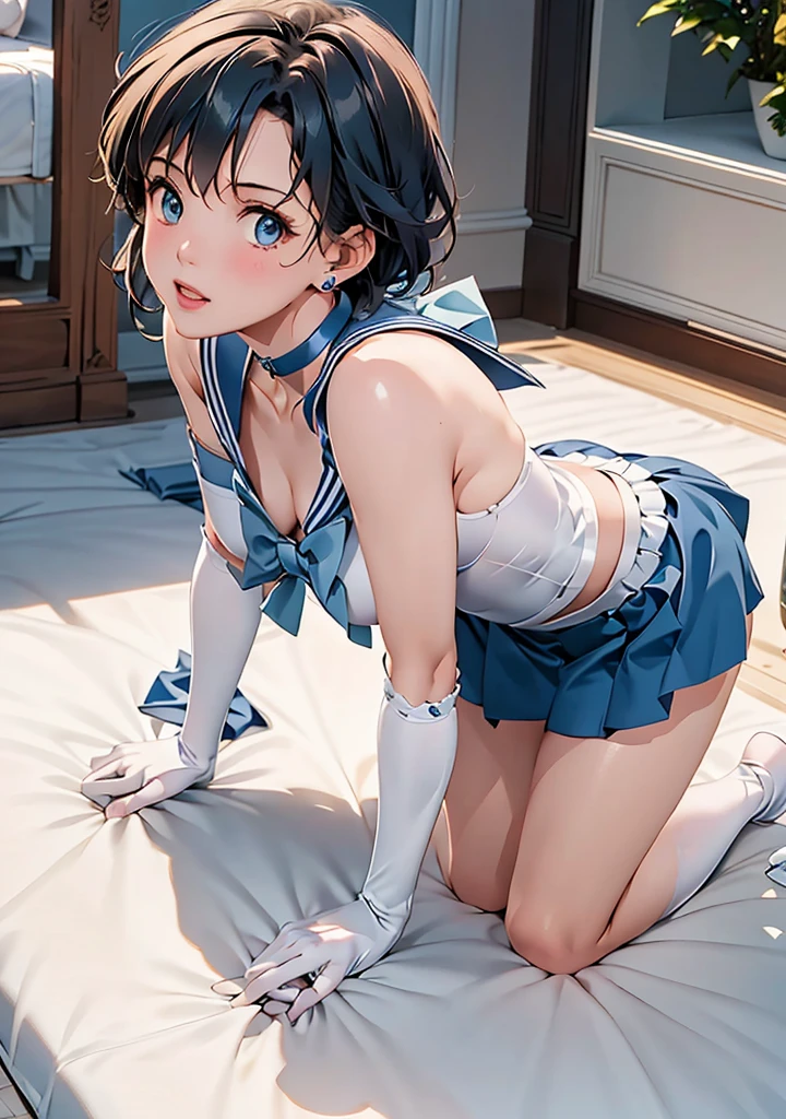 masterpiece, Highest quality, High resolution, Realistic, Show more1, tiara, Sailor Warrior Uniforms, Blue Skirt, Blue sailor collar, tiara, bow, Knee Boots, choker, White gloves, ((blue choker)), elbow gloves, jewelry, Earrings, Pleated skirt, At the bed, Angle from below, ((spread pussy:1.3)), ((all fours and from behind:1.3)) , Showing nipples, Back view