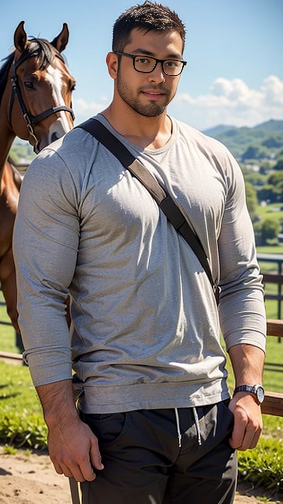 crew cut, (((full body))), (((landscape))), mature man, [slightly fat], asian man, rounded face, brown eyes, ((rounded face)), glasses, balding, 1boy, Solo, (big shoulders), (((stubbles, Short beard))), ride a horse, casual clothes,