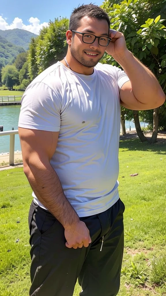 crew cut, (((full body))), (((landscape))), mature man, [slightly fat], asian man, rounded face, brown eyes, ((rounded face)), glasses, balding, 1boy, Solo, (big shoulders), (((stubbles, Short beard))), ride a horse, casual clothes,