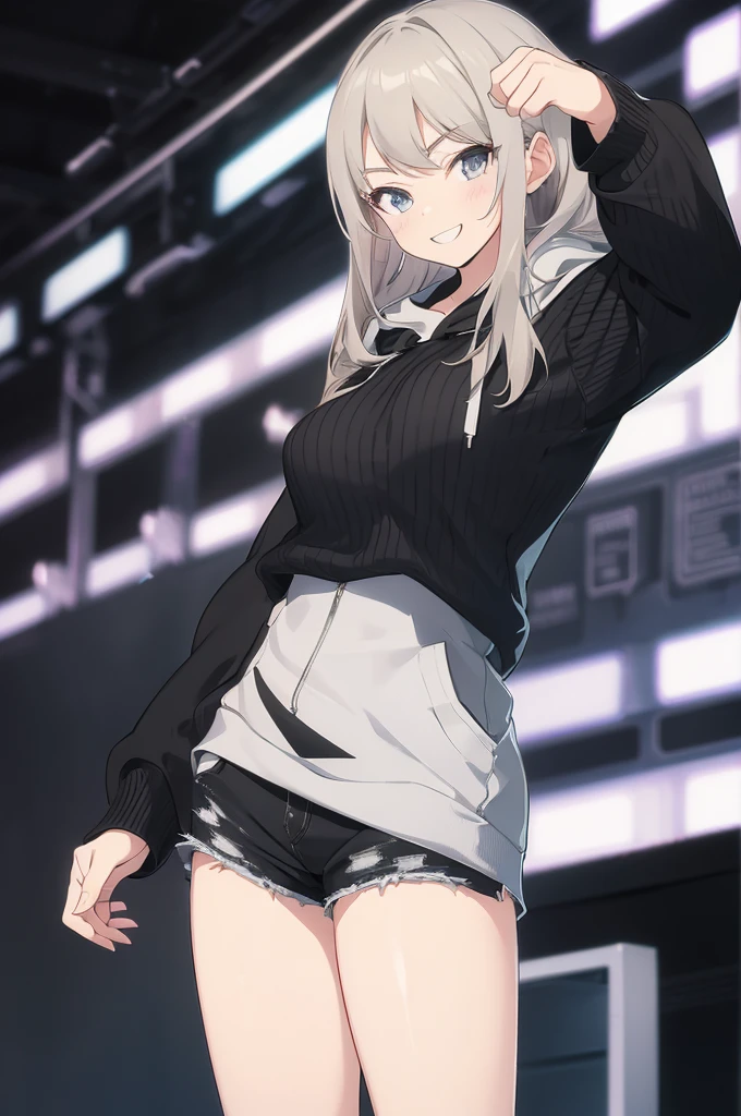 Concept Art, white Background, simple Background, White hair, Silver gradient hair , Composite cloth, Virtual YouTuber, best quality, masterpiece, Dynamic Angle, , cowboy_shooting, Watching_Back, grab, girl,Miss,woman, young,20 years old, , Hair Flip, Silver Hair, Flowing hair, Ahog, giggle, Beautiful and delicate golden eyes, teeth, Large Breasts, Blonde eyes, White skin, hoodie, Black_shorts, Gray clothes, transparent_Background, Backlighting, absurd, high resolution, Extremely detailed,sweater,Smile