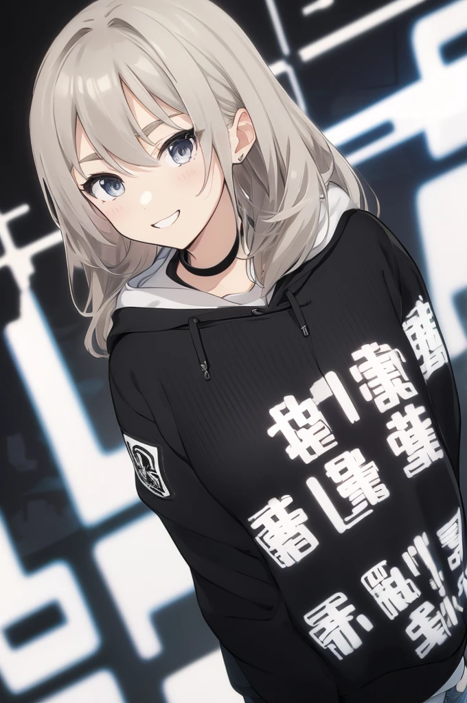 Concept Art, white Background, simple Background, White hair, Silver gradient hair , Composite cloth, Virtual YouTuber, best quality, masterpiece, Dynamic Angle, , cowboy_shooting, Watching_Back, grab, girl,Miss,woman, young,20 years old, , Hair Flip, Silver Hair, Flowing hair, Ahog, giggle, Beautiful and delicate golden eyes, teeth, Large Breasts, Blonde eyes, White skin, hoodie, Black_shorts, Gray clothes, transparent_Background, Backlighting, absurd, high resolution, Extremely detailed,sweater,Smile