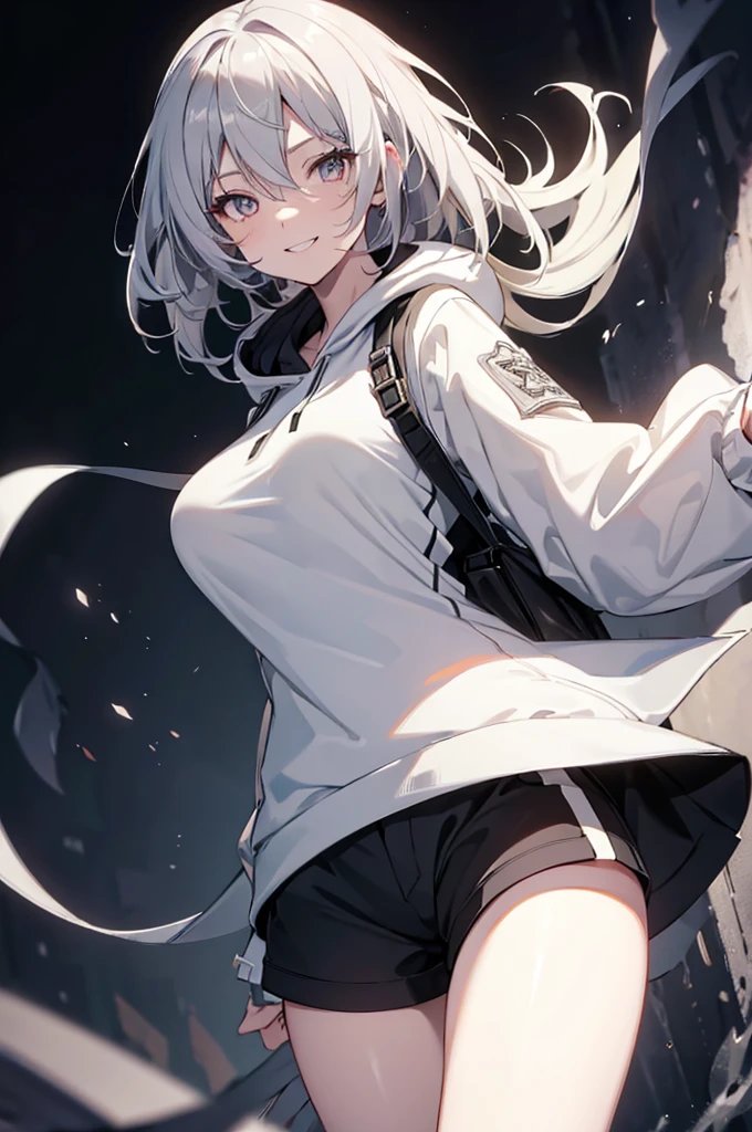  Concept Art, white Background, simple Background, White hair, Silver gradient hair , Composite cloth, Virtual YouTuber, best quality, masterpiece, Dynamic Angle, , cowboy_shooting, Watching_Back, grab, girl,Miss,woman, young,20 years old, , Hair Flip, Silver Hair, Flowing hair, Ahog, giggle, Beautiful and delicate golden eyes, teeth, Large Breasts, Blonde eyes, White skin, hoodie, Black_shorts, Gray clothes, transparent_Background, Backlighting, absurd, high resolution, Extremely detailed,sweater,Smile