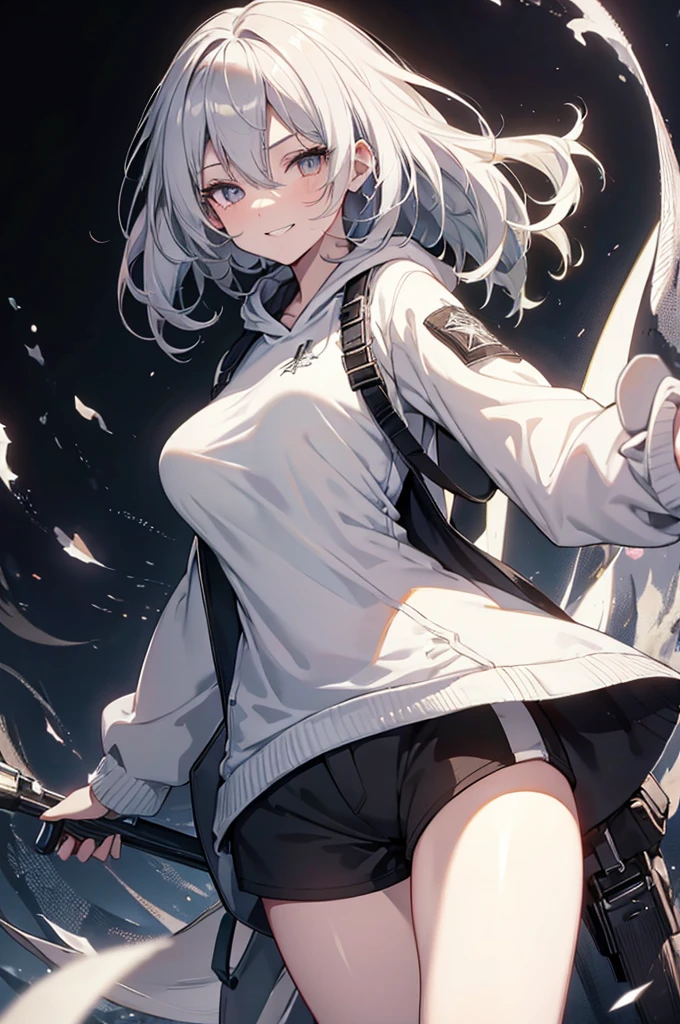  Concept Art, white Background, simple Background, White hair, Silver gradient hair , Composite cloth, Virtual YouTuber, best quality, masterpiece, Dynamic Angle, , cowboy_shooting, Watching_Back, grab, girl,Miss,woman, young,20 years old, , Hair Flip, Silver Hair, Flowing hair, Ahog, giggle, Beautiful and delicate golden eyes, teeth, Large Breasts, Blonde eyes, White skin, hoodie, Black_shorts, Gray clothes, transparent_Background, Backlighting, absurd, high resolution, Extremely detailed,sweater,Smile