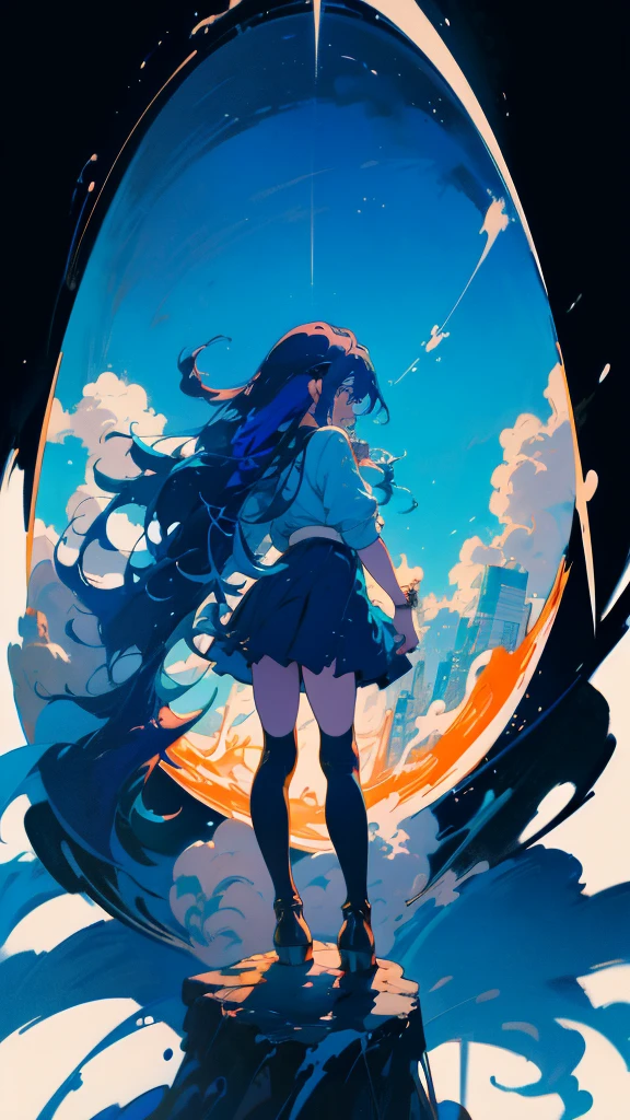 Blue-haired long hair,Design clothing,Seven-doppelganger shot,Anime style 4K,Anime girl with teal hair,High quality anime art style,Standing painting,Splash ink background,Blue Themes、Pure white background,Buildings,Face close-up,Buildings,Moon and sun、Long legs, whale flying in the sky