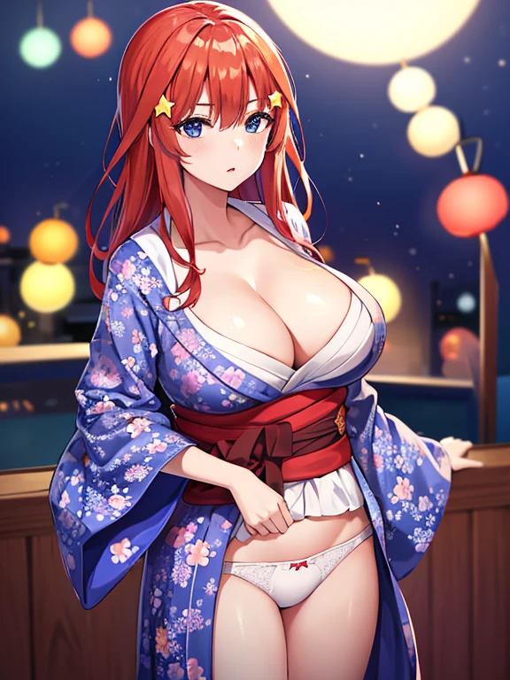 Night photo shoot in yukata,Photograph the whole body,Are standing,Nakano May, Itsuki Nakano, Bangs, Blue Eyes, Hair between the eyes, Ahoghe, Red Hair,Star O \(symbol\), Hair Ornaments, Star Hair Ornament,Big Breasts,Cleavage,White floral underwear