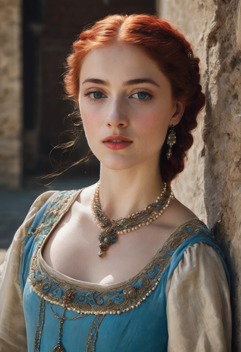 young woman(23 years old). Bright red, Wavy hair, braided(in the manner of Lucrezia Borgia или на манер таргариенов), pearl earrings in the ears, necklace of pearls on the neck. Eyes sky blue. Red eyebrows, very thin and curved. The skin is pale, she has freckles. Elongated face, oval shape. Dress in Renaissance or Middle Ages style, in the manner of Lucrezia Borgia. Mouth wide, and your lips are full. Брови very thin and curved, Light. одета в платье in the manner of Lucrezia Borgia. Realism style.