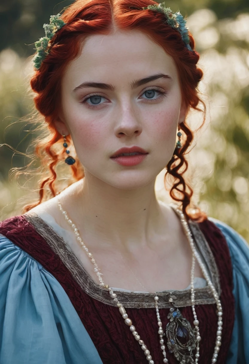 young woman(23 years old). Bright red, Wavy hair, braided(in the manner of Lucrezia Borgia или на манер таргариенов), pearl earrings in the ears, necklace of pearls on the neck. Eyes sky blue. Red eyebrows, very thin and curved. The skin is pale, she has freckles. Elongated face, oval shape. Dress in Renaissance or Middle Ages style, in the manner of Lucrezia Borgia. Mouth wide, and your lips are full. Брови very thin and curved, Light. одета в платье in the manner of Lucrezia Borgia. Realism style.
