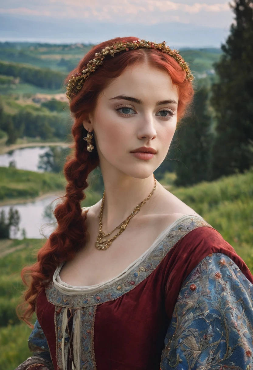 young woman(23 years old). Bright red, Wavy hair, braided(in the manner of Lucrezia Borgia или на манер таргариенов), pearl earrings in the ears, necklace of pearls on the neck. Eyes sky blue. Red eyebrows, very thin and curved. The skin is pale, she has freckles. Elongated face, oval shape. Dress in Renaissance or Middle Ages style, in the manner of Lucrezia Borgia. Mouth wide, and your lips are full. Брови very thin and curved, Light. одета в платье in the manner of Lucrezia Borgia. Realism style.