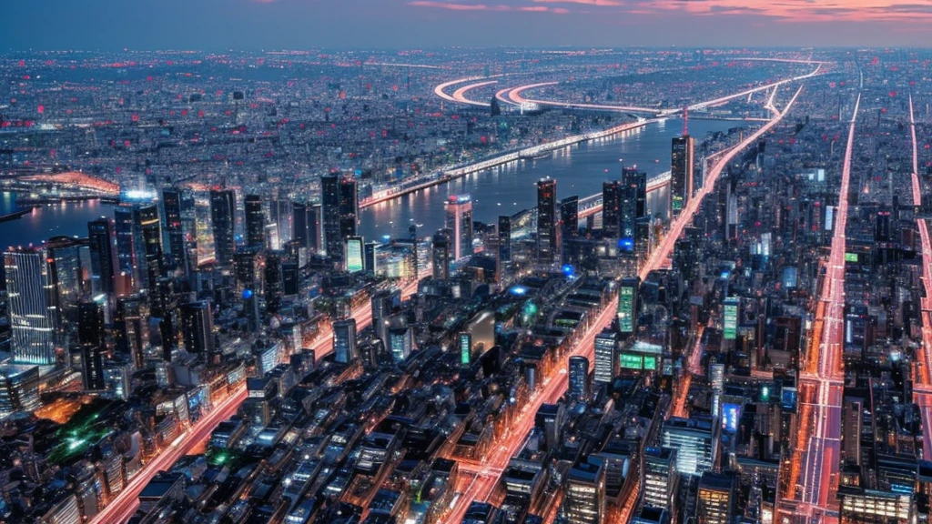 new tokyo、Night view、metropolis、Side view、Clean Digital Art、Futuristic City、((I can see the bay in the distance))