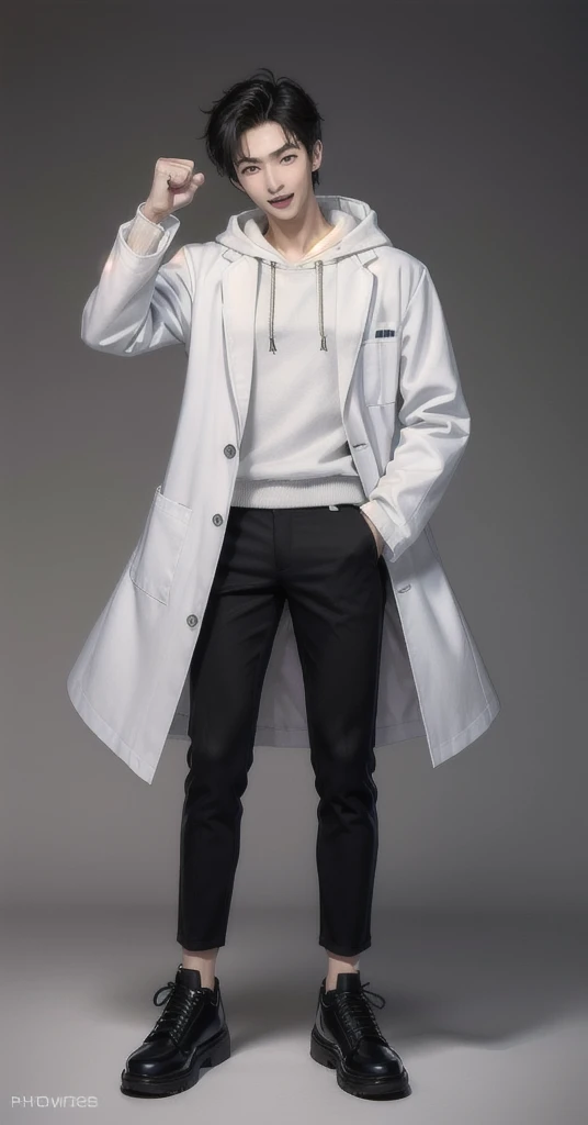 (photorealistic:1.2), (high detail face:1.3), (high detail hands:1.3), (anatomically correct hands:1.2), handsome young asian man, Japanese idol style, short clean-cut hair, ((center part)), (crisp white lab coat:1.3), ((black hoodie underneath:1.2)), (black pants:1.2), (black shoes:1.2), (enthusiastic expression:1.3), ((victory pose:1.4)), (both arms raised:1.3), (clenched fists:1.3), (energetic stance:1.2), plain white background, mid-shot portrait, full body view, high quality, detailed, 8K, (realistic skin texture:1.2), (sharp focus:1.1), (contrast between white coat and black clothing:1.2)