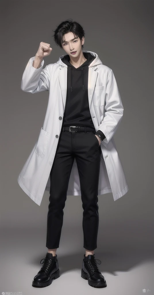 (photorealistic:1.2), (high detail face:1.3), (high detail hands:1.3), (anatomically correct hands:1.2), handsome young asian man, Japanese idol style, short clean-cut hair, ((center part)), (crisp white lab coat:1.3), ((black hoodie underneath:1.2)), (black pants:1.2), (black shoes:1.2), (enthusiastic expression:1.3), ((victory pose:1.4)), (both arms raised:1.3), (clenched fists:1.3), (energetic stance:1.2), plain white background, mid-shot portrait, full body view, high quality, detailed, 8K, (realistic skin texture:1.2), (sharp focus:1.1), (contrast between white coat and black clothing:1.2)