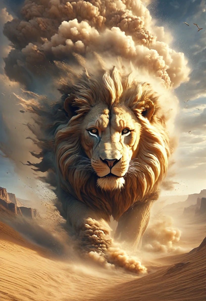 (desert canyon:1.5)，Narrow canyon in the middle of the desert,sandstorm，lion face made of sand in sandstorm, tornado， in the style of photo realistic landscapes, Stone sculptures, cabin core, Stone, in the style of photo realistic landscapes, cabin core, rolling waves,decorative background, photo realistic landscapes, large canvas format, 32k ultra high definition, photo, The best qualities of imaginative landscapes,4K,8K,High resolution,masterpiece:1.2),super detailed,(actual,realistically,realistically:1.37),