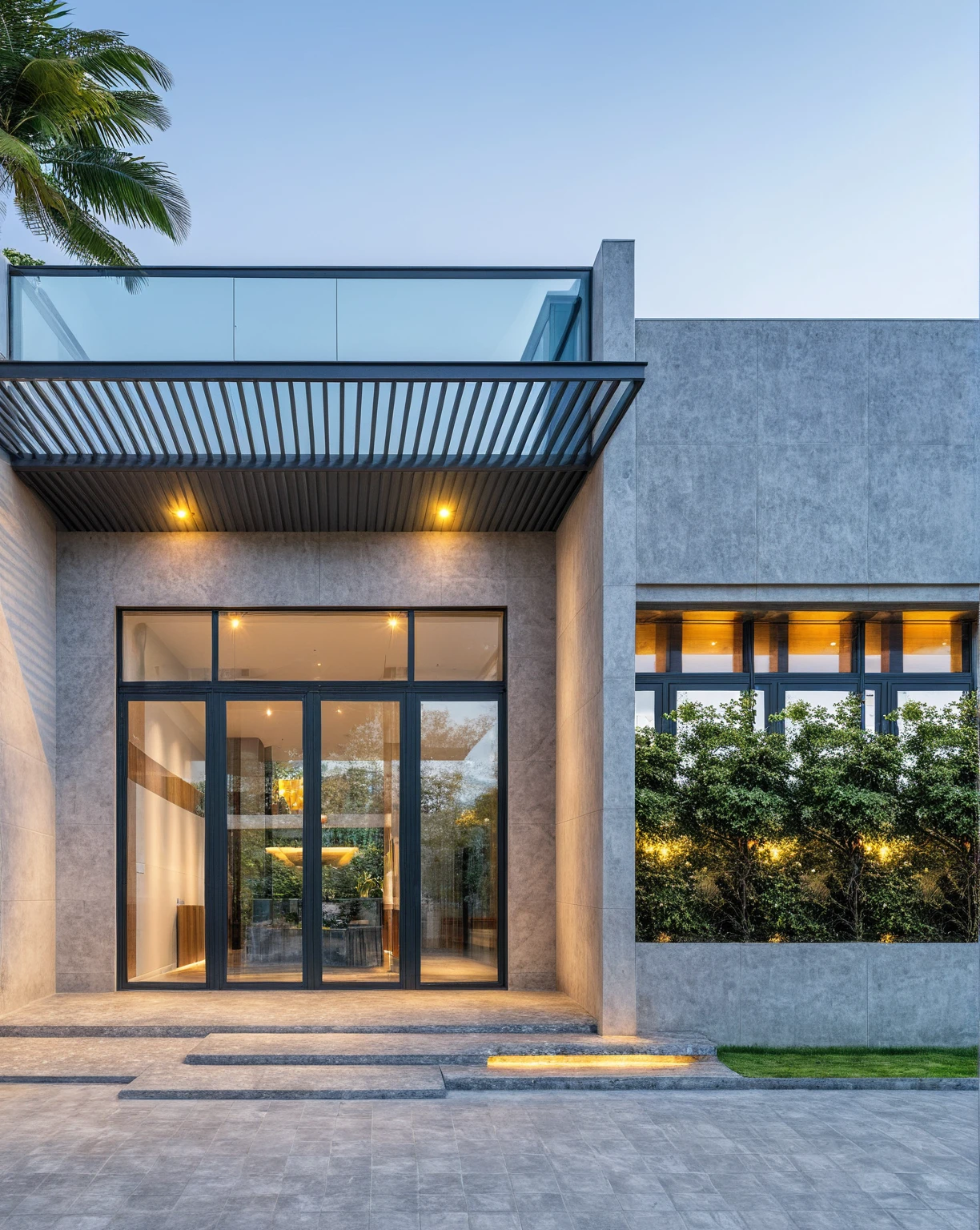 Real pictures of houses with balconies and balconies, idea houses, architectural ideas, architectural drawings, house designs, real pictures, daylight, beautiful plants, gray aluminum glass doors , interior lighting, spot light, 8k.