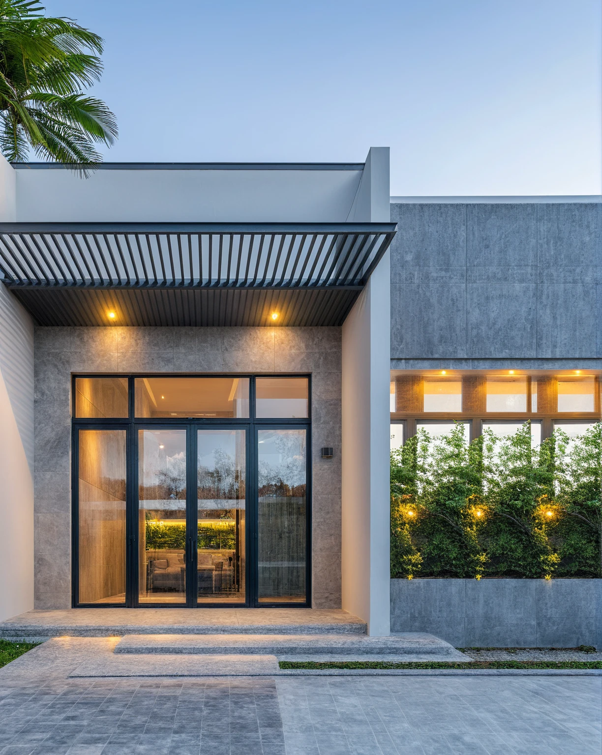 Real pictures of houses with balconies and balconies, idea houses, architectural ideas, architectural drawings, house designs, real pictures, daylight, beautiful plants, gray aluminum glass doors , interior lighting, spot light, 8k.