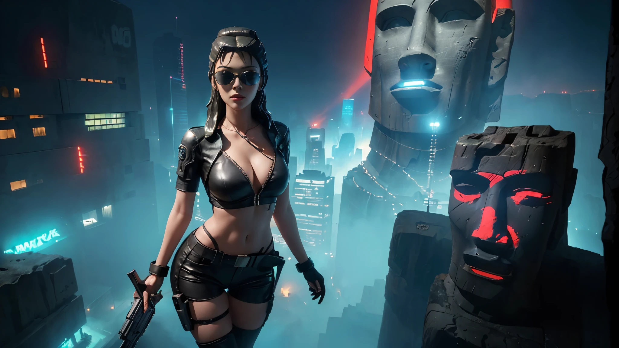 At night, dark sky, aerial view of fantasy cyberpunk style ((Moai-statue)) city, ((flying vehicle)). ((1girl, solo, alone)), photo realistic, medium-breast:1.1 slim body, cleavage, sexy clothes, (black sunglasses), (((hip-up standing and pistol aiming pose))), half-body thigh level medium shot, cinematic lighting.