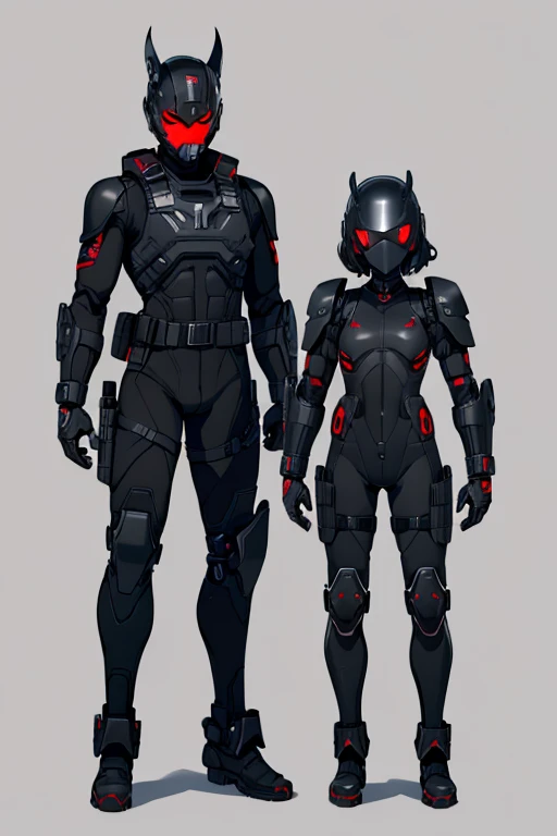male, red eyes, robot, (((1boyl))), (((black full body tactical bodysuit))), (black gauntlets), (black boots), (black shoulder guards), (black hip guards), (black tactical helmet), (black face mask), (black tactical belt), long legs, muscular