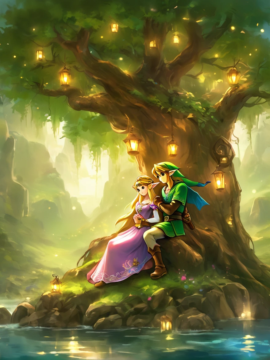 (Best quality，8K，Ultra-high resolution，masterpiece)，Super Fine，illustration，Princess Zelda，Link，Couple，Love，Embrace，(Lying under the World Tree:1.5)，fantasy，(the legend of zelda)，beautiful eyes，Beautiful lips，Super Fine的眼睛和脸，Long eyelashes，Long hair，romantic，close，Warm Lights，Prime Time，color，Fantasy Art，thrilling，epic