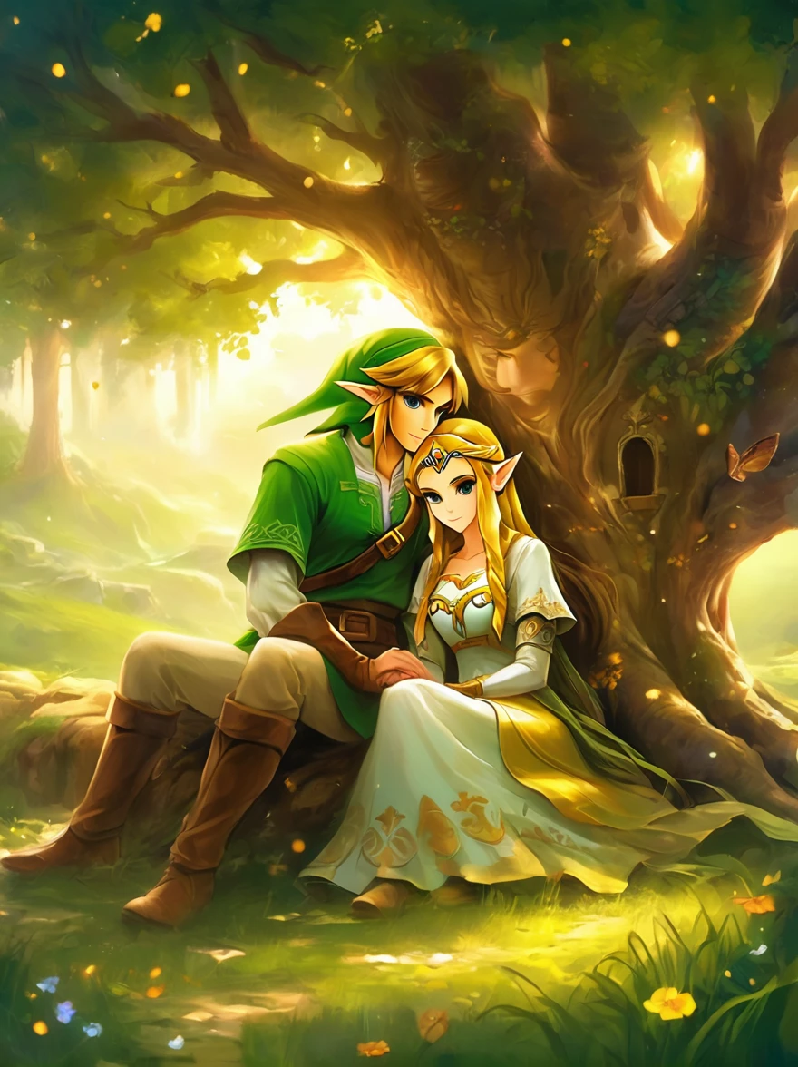 (Best quality，8K，Ultra-high resolution，masterpiece)，Super Fine，illustration，Princess Zelda，Link，Couple，Love，Embrace，(Lying under the World Tree:1.5)，fantasy，(the legend of zelda)，beautiful eyes，Beautiful lips，Super Fine的眼睛和脸，Long eyelashes，Long hair，romantic，close，Warm Lights，Prime Time，color，Fantasy Art，thrilling，epic