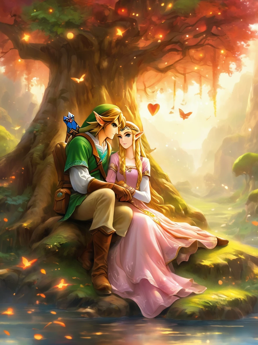 (Best quality，8K，Ultra-high resolution，masterpiece)，Super Fine，illustration，Princess Zelda，Link，Couple，Love，Embrace，(Lying under the World Tree:1.5)，fantasy，(the legend of zelda)，beautiful eyes，Beautiful lips，Super Fine的眼睛和脸，Long eyelashes，Long hair，romantic，close，Warm Lights，Prime Time，color，Fantasy Art，thrilling，epic