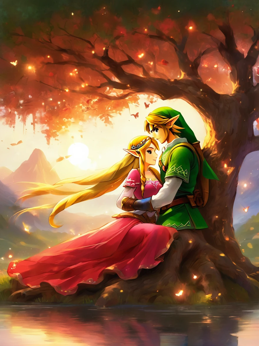 (Best quality，8K，Ultra-high resolution，masterpiece)，Super Fine，illustration，Princess Zelda，Link，Couple，Love，Embrace，(Lying under the World Tree:1.5)，fantasy，(the legend of zelda)，beautiful eyes，Beautiful lips，Super Fine的眼睛和脸，Long eyelashes，Long hair，romantic，close，Warm Lights，Prime Time，color，Fantasy Art，thrilling，epic