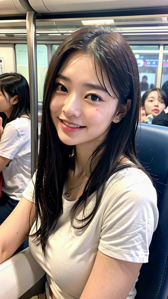 (highest quality、8k、32k、masterpiece、Hmph:1.2)、Cute Japanese Women Photos、Soft looking breasts、No bra、Ample breasts、Shortcuts、Face Focus、White T-shirt、necklace、A single carnation、From above、Looking at the audience、smile、I'm showing my teeth and smiling,Dynamic Shadows、blonde、Wet shiny hair、Shine, Watery eye、((In a crowded train)),