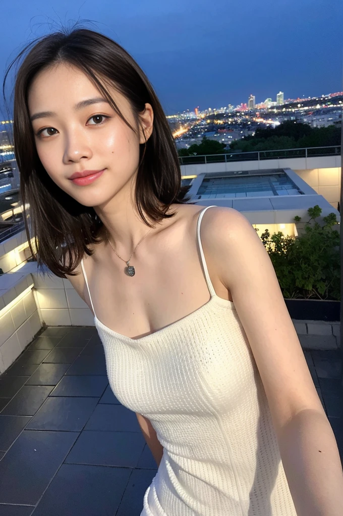 Highest quality、masterpiece、Ultra-high resolution、(Henterrealism:1.4)、(Real skin texture:1.3)、Panoramic View、Polate、very wide angle lens、Beautiful adult woman、Beautiful details, even in the eyes and skin、A small smile、Wet brown short hair、Small Bust、Small Necklace、White sleeveless shirt,Please wet it、rainの日に, You can see a bright night view from the rooftop of the building..、明るい夜のrain雲、rainの夜の街の明かり、rain、