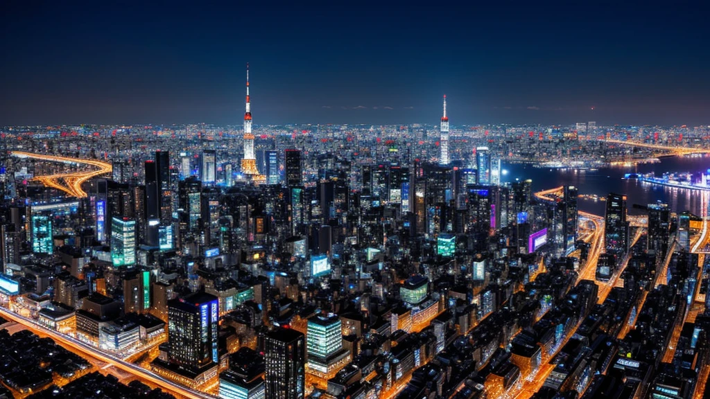 new tokyo、Night view、metropolis、Side view、Clean Digital Art、Futuristic City、(I can see the bay in the distance)