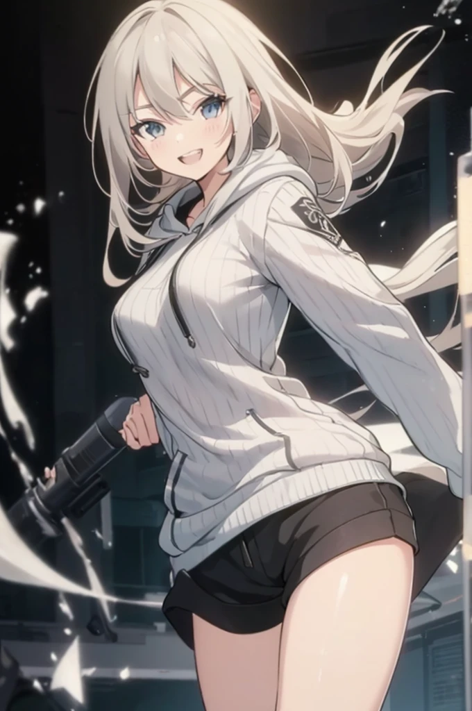 Concept Art, white Background, simple Background, White hair, Silver gradient hair , Composite cloth, Virtual YouTuber, best quality, masterpiece, Dynamic Angle, , cowboy_shooting, Watching_Back, grab, girl,Miss,woman, young,20 years old, , Hair Flip, Silver Hair, Flowing hair, Ahog, giggle, Beautiful and delicate golden eyes, teeth, Large Breasts, Blonde eyes, White skin, hoodie, Black_shorts, Gray clothes, transparent_Background, Backlighting, absurd, high resolution, Extremely detailed,sweater,Smile