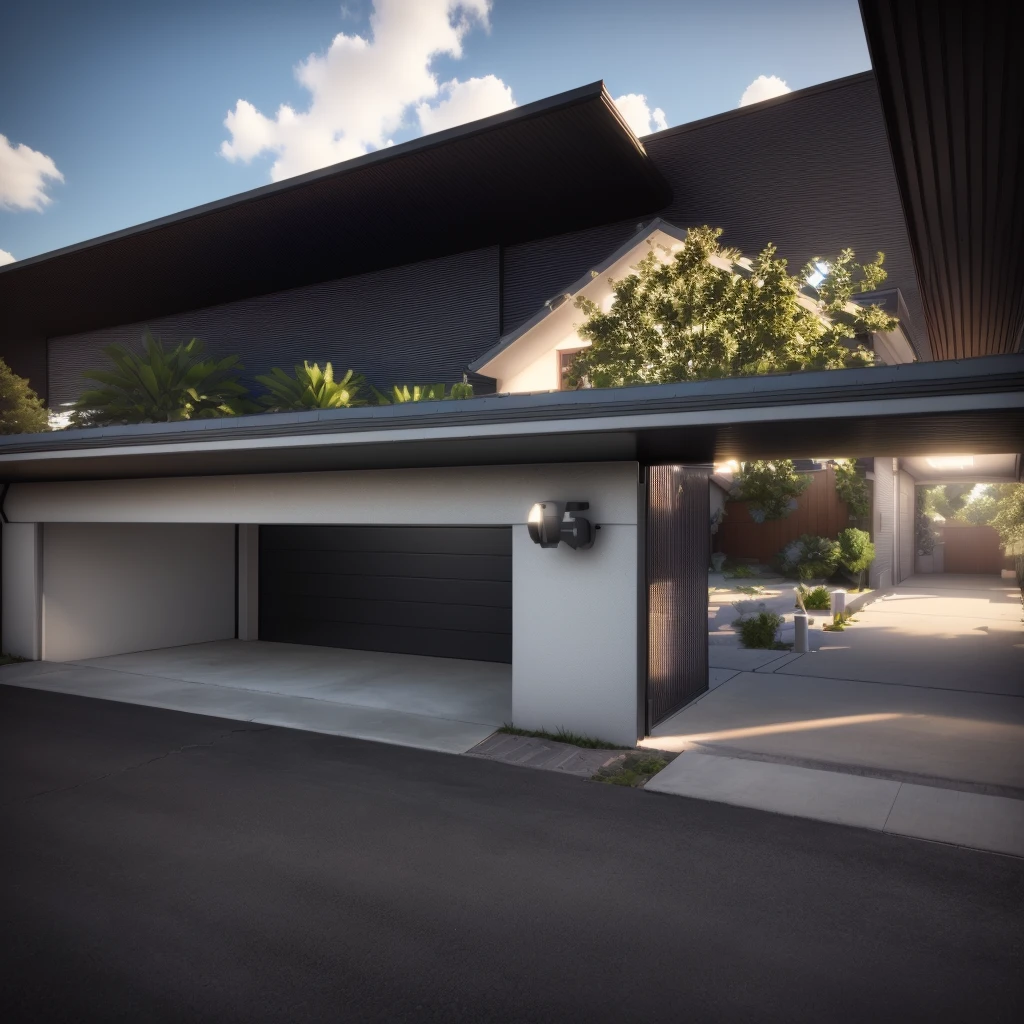 a rendering of a garage with a large open door, concept house, lumion render, wide angle exterior 2022, wide establishing shot, residential, 3d rendering, highly rendered!!, 3 d rendering, lumion rendering, in front of a garage, outside view, highly photographic render, high quality rendering, architectural rendering, professional render, front facing shot. Add trees in front of the fence