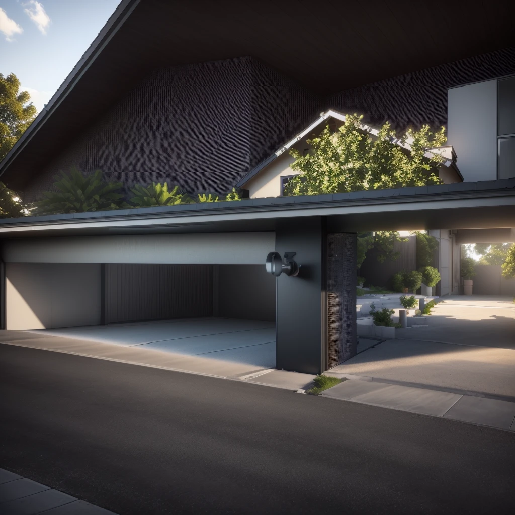 a rendering of a garage with a large open door, concept house, lumion render, wide angle exterior 2022, wide establishing shot, residential, 3d rendering, highly rendered!!, 3 d rendering, lumion rendering, in front of a garage, outside view, highly photographic render, high quality rendering, architectural rendering, professional render, front facing shot. Add trees in front of the fence