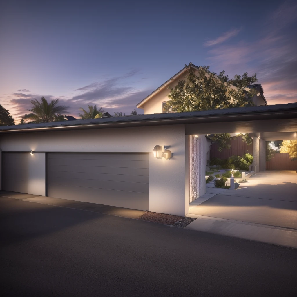 a rendering of a garage with a large open door, concept house, lumion render, wide angle exterior 2022, wide establishing shot, residential, 3d rendering, highly rendered!!, 3 d rendering, lumion rendering, in front of a garage, outside view, highly photographic render, high quality rendering, architectural rendering, professional render, front facing shot. Add trees in front of the fence