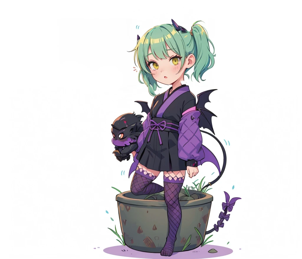 succubus, small demon wings, curved horns, black Japanese ninja outfit with purple accents, demonic, stealth getup, fishnet stockings