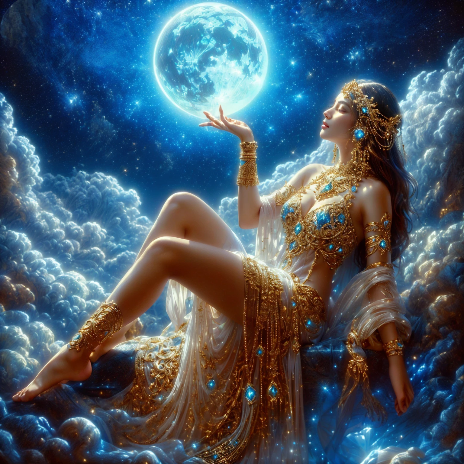 Beautiful woman, white dress, ornate gold jewelry. ,  god god , very beautiful,realistically