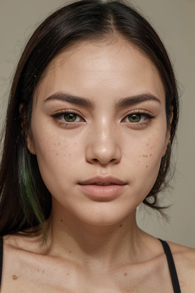 She has an oval face with high cheekbones, a defined jawline is Asian, japanese. His eyes are large and almond, black in color, with long eyelashes and thick, arched eyebrows, with a small scratch on his right eyebrow. His nose is small and straight, and she has full, wide lips. His hair is black with a green streak on the left side., short and smooth, usually worn loose with a fringe that partially covers the forehead. Her skin is fair with lots of freckles on her nose and rosy cheeks.. A CLOSEUP OF A SELFIE, BUSTO DE CROPPED, ANGLE FROM TOP TO DOWN.