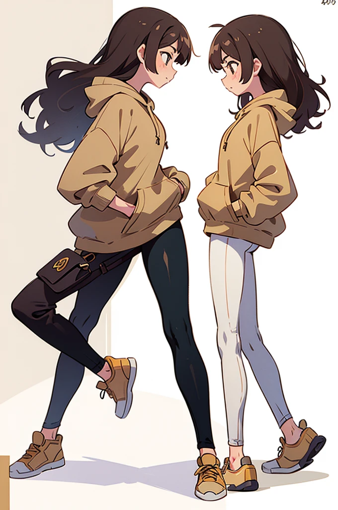 a woman in a hoodie and leggings stands in front of a white background, beige hoodie, beige, full body profile pose, 2 4 year old female model, casual pose, 🤬 🤮 💕 🎀, female outfit, perfectly poised, leggings, posed in profile, wearing an oversized hoodie, with two front pockets, profile posing, side pose