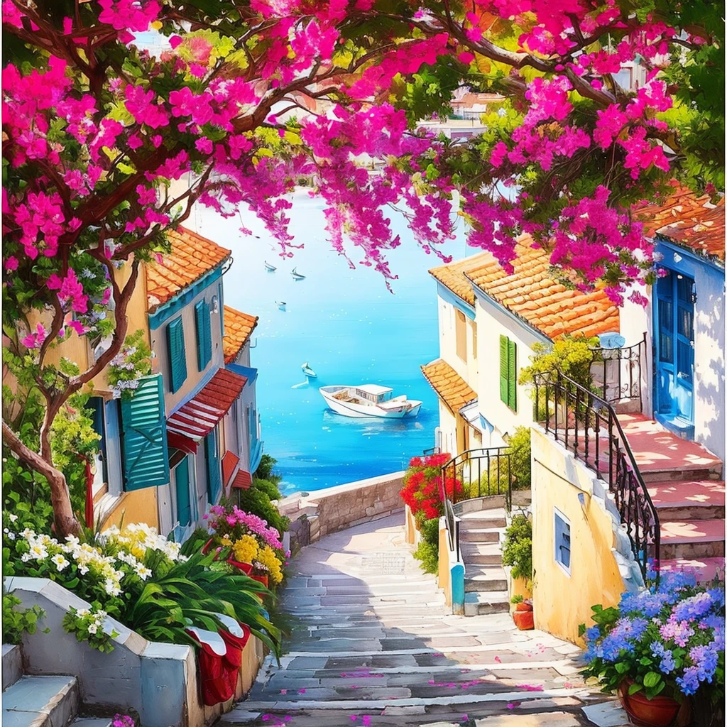 Painting of a street with flowers and a boat in the water, Landscape Art Detail, Summer street near the beach, Landscape Artwork, mediterranean vista, 在mediterranean vista中, mediterranean island scenery, Beautiful city view, Flowers everywhere, The colors are brilliant and rich, Colorful landscape paintings, Beautiful painting, mediterranean vista, Vibrant gouache landscape, Beautiful scenery, Outdoor tropical city view