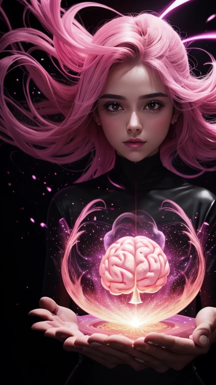 Create a video cover from a black background, where there is a brain that emerges a pink aura, com uma palavra chamada "Dopamina" escrito em caixa alta transparente