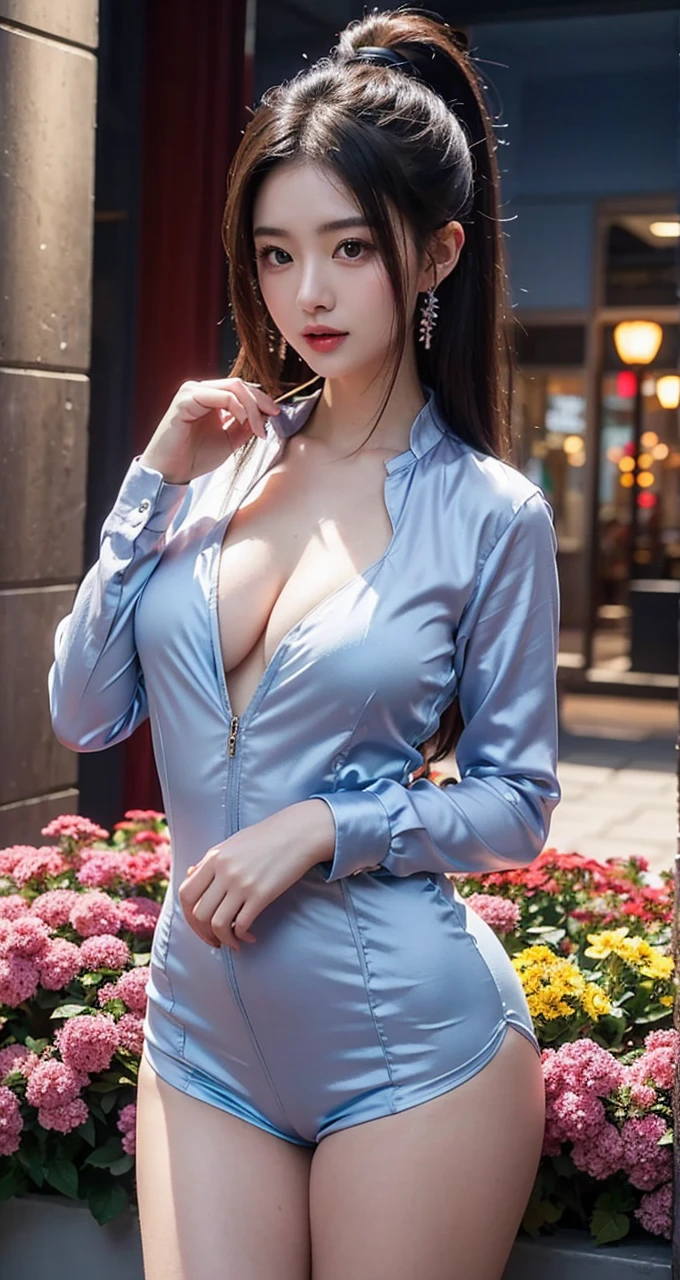 Beautiful Chinese waifu, early 30s, brunette hair, silk blue all-in-one dress