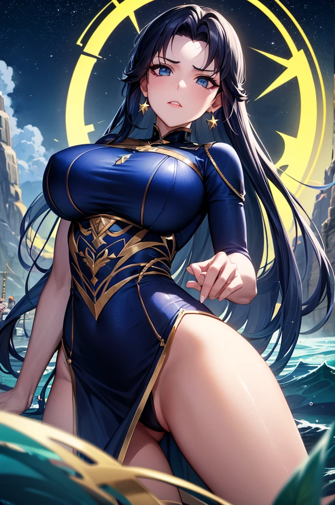 ( absurd , high quality , very detailed, Watch your hands )Zodiac sign - Goddess of Sagittarius , Similar to the advantages of Latin . optimistic, fair, funny and intelligent face . rashness, merciless, annoyed, overconfident style . dark blue eyes (Eye Details) , shiny dark blue hair , transparent dress , In the sea of shining stars , whole body , nature of fire , god chiron