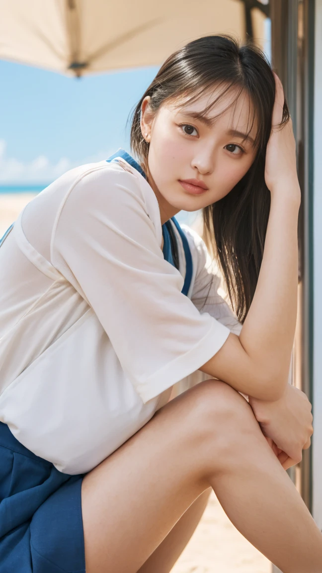 (((Top-down configuration:1.33)))、((No underwear:1.55))、One Girl、Beautiful and detailed eyes and face、barefoot、20 year old cute Japan woman, ((Extremely precise and accurate anatomy:1.0)), (photo Realistic:1.4), (hyper Realistic:1.4), (最高品質のRealisticな肌の質感:1.4), (Improvement of quality:1.4), (Enhances the beauty of skin texture:1.1), clean and glowing skin, mesh, thin:1.2, (Realistic:1.3), Realisticなライティング, (Smoother lighting:1.05), (Improving the quality of cinema lighting:0.9), Backlight, A gentle light that illuminates the face, Ray Tracing, (Bright light:1.2), 32k, One Japanese woman, fine grain, Detailed face, (Film Grain:1.1),(Accentuates body lines:1.1), High resolution, Natural look, Kind eyes, Enhances hair texture, Delicate light and shadow, Clear skin, Graceful Pose, Beautiful Eyes, Sharp details, Soft light reflection, Beautiful contours, Delicate skin tone, Fine hair texture, Natural background, (((sunny day、Beach、A strong wind is blowing、Her hair and skirt are flying、squat, Traditional navy blue sailor uniform、Open shirt、Pleated skirt、Scooping seawater with hands:1.25、splash、Sandy Beach、Light of the sun、clear blue sea、The waves crash quietly、Blue sky and white clouds、green mountain々、Beautiful Nature、The joys of youth)))、