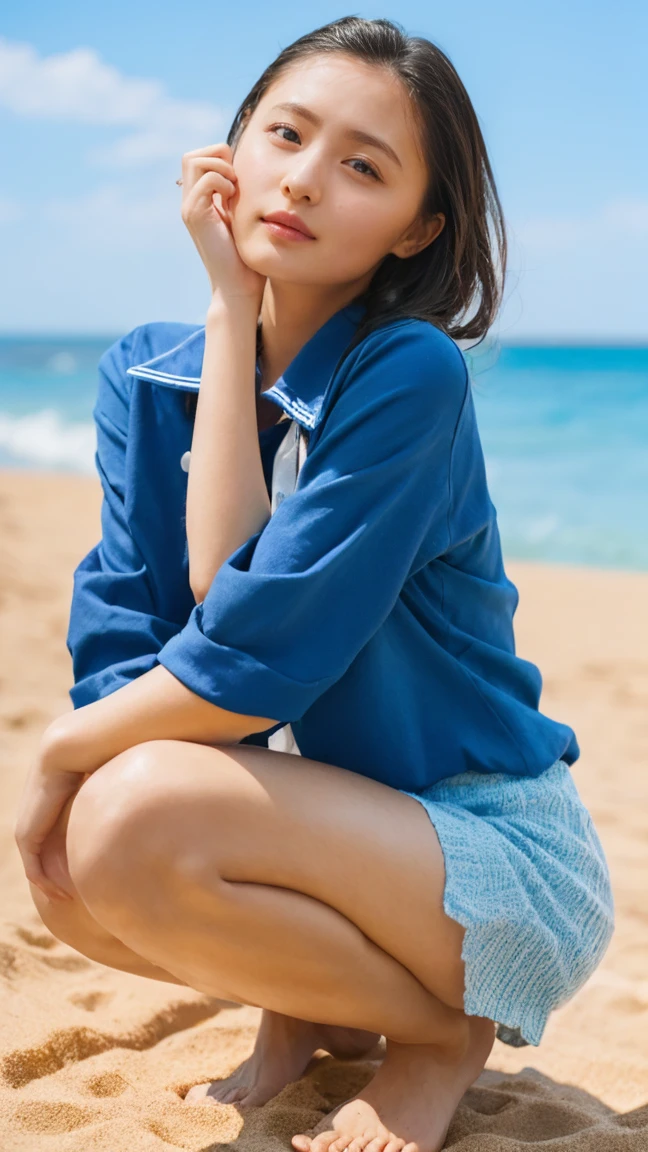 (((Top-down configuration:1.33)))、((No underwear:1.55))、One Girl、Beautiful and detailed eyes and face、barefoot、20 year old cute Japan woman, ((Extremely precise and accurate anatomy:1.0)), (photo Realistic:1.4), (hyper Realistic:1.4), (最高品質のRealisticな肌の質感:1.4), (Improvement of quality:1.4), (Enhances the beauty of skin texture:1.1), clean and glowing skin, mesh, thin:1.2, (Realistic:1.3), Realisticなライティング, (Smoother lighting:1.05), (Improving the quality of cinema lighting:0.9), Backlight, A gentle light that illuminates the face, Ray Tracing, (Bright light:1.2), 32k, One Japanese woman, fine grain, Detailed face, (Film Grain:1.1),(Accentuates body lines:1.1), High resolution, Natural look, Kind eyes, Enhances hair texture, Delicate light and shadow, Clear skin, Graceful Pose, Beautiful Eyes, Sharp details, Soft light reflection, Beautiful contours, Delicate skin tone, Fine hair texture, Natural background, (((sunny day、Beach、A strong wind is blowing、Her hair and skirt are flying、squat, Traditional navy blue sailor uniform、Open shirt、Pleated skirt、Scooping seawater with hands:1.25、splash、Sandy Beach、Light of the sun、clear blue sea、The waves crash quietly、Blue sky and white clouds、green mountain々、Beautiful Nature、The joys of youth)))、