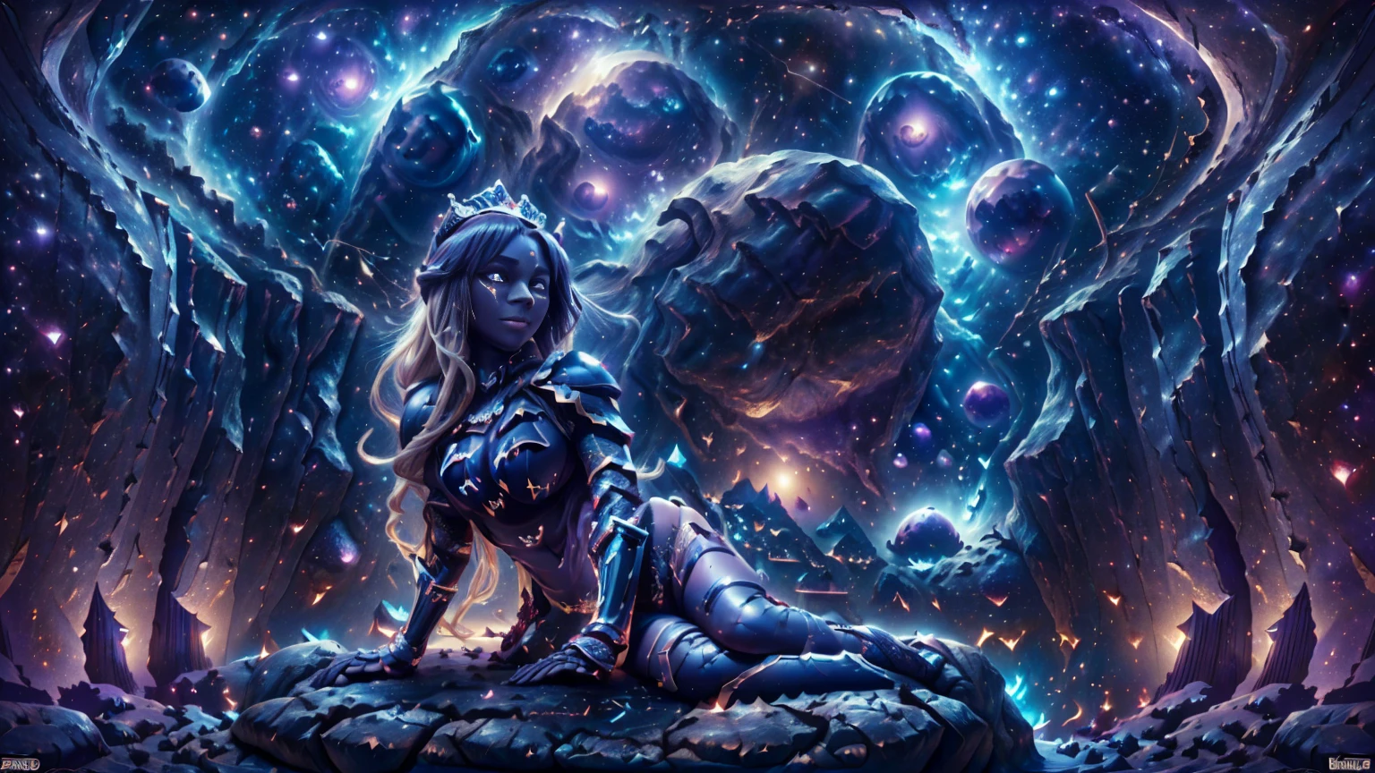 In a setting (dark exoplanets:1.5), in the middle of (canyon of rock:1.5) in tones (blue and dark purple), a (sublime young girl alone:1.3) sits on a rock, her large blue eyes piercing the camera lens  . The (dark night sky:1.5) above is lit by the (birth of a galaxy:1.3). Her perfect physique is highlighted by a beautiful (bikini armor:1.5) made of (a cosmic armor:1.3). She wears a (black tiara adorned with rubies:1.3) on her (long blonde hair:1.3) and her (pretty face) sports a (sensual smile). (Darkness:1.8). (Bikini armor, cosmic armor:1.3)