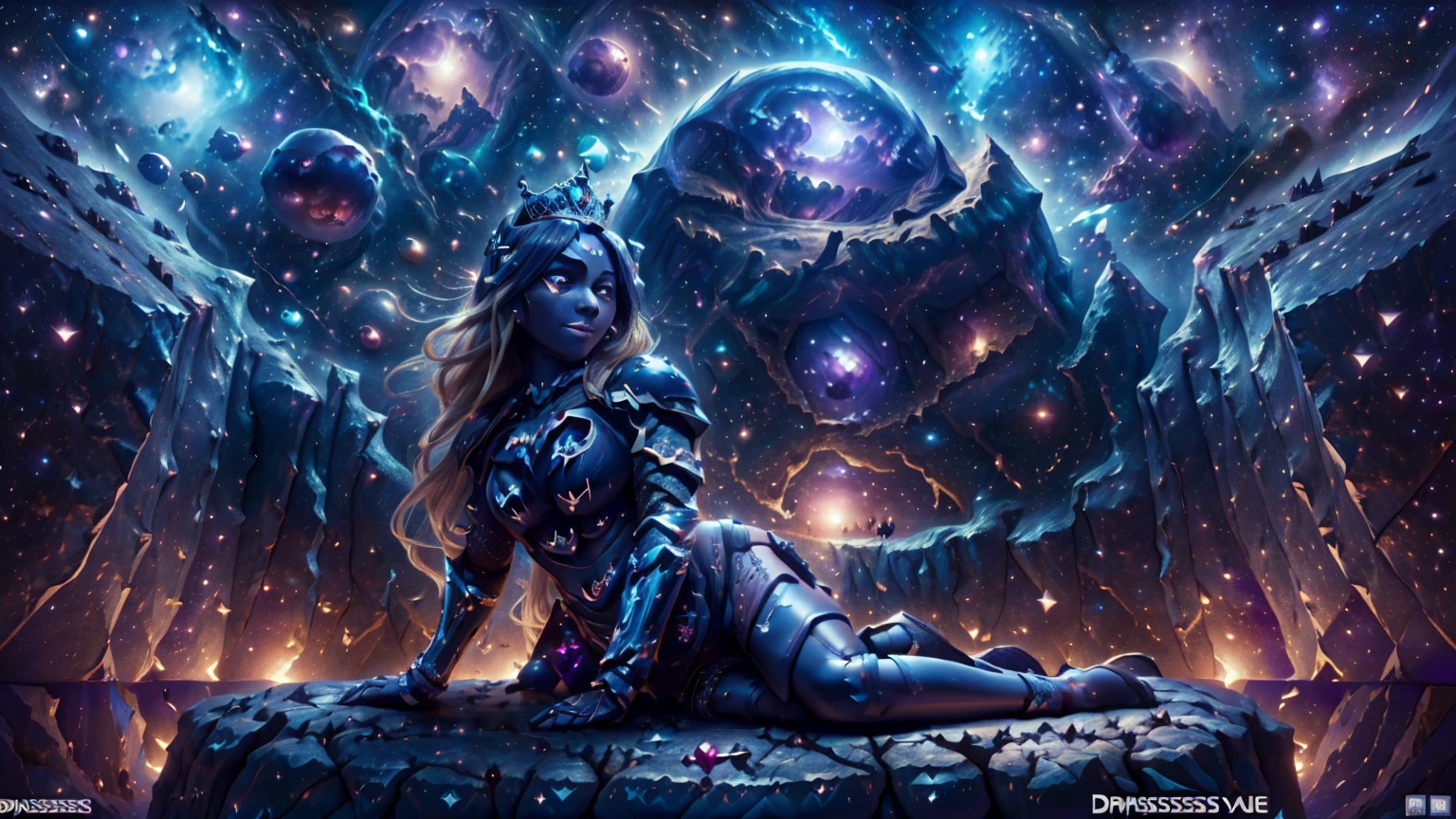 In a setting (dark exoplanets:1.5), in the middle of (canyon of rock:1.5) in tones (blue and dark purple), a (sublime young girl alone:1.3) sits on a rock, her large blue eyes piercing the camera lens  . The (dark night sky:1.5) above is lit by the (birth of a galaxy:1.3). Her perfect physique is highlighted by a beautiful (bikini armor:1.5) made of (a cosmic armor:1.3). She wears a (black tiara adorned with rubies:1.3) on her (long blonde hair:1.3) and her (pretty face) sports a (sensual smile). (Darkness:1.8). (Bikini armor, cosmic armor:1.3)