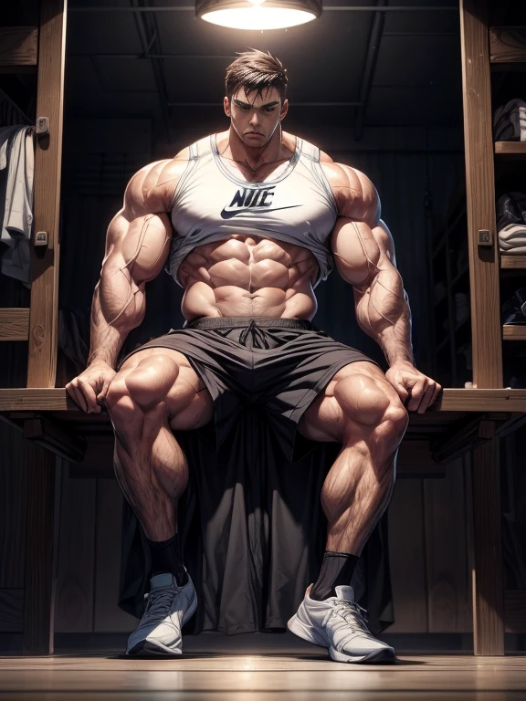 Basketball clothes,Nike shorts,White socks,No shoes,Sit on a wooden bench,Full body portrait,Open your arms,Expose shoulders and arms,Dark skin,Dark Skin,Solitary,individual,Brown skin,Bigfoot,(Facing the audience),(muscular),(In the dressing room),Farther distance,(Bottom-up view),(Look at it from a low angle),With different graffiti ,The protagonist has very broad shoulders,((Exaggerated muscle bulge)),The protagonist is tall,muscular, muscular的角色, Great and cool, 高并且muscular, muscular, Very strong, muscular, male, Huge muscles, Big Muscle, Muscle Man, muscular, Huge muscles, muscular的身体 ,Close-up photos , male面孔, Huge pectoral muscles, 大腿muscular, Biceps tendon, Huge body, High-intensity training keeps your body fit, muscular, 8 Pack Abs,Thick Legs,The character is a burly man,Dynamic Action,The whole picture highlights his well-developed arm muscles and pectoralis major,Light from above, Muscular,Clothes show shoulders,Clean face,Lift his head,Keep your eyes open,