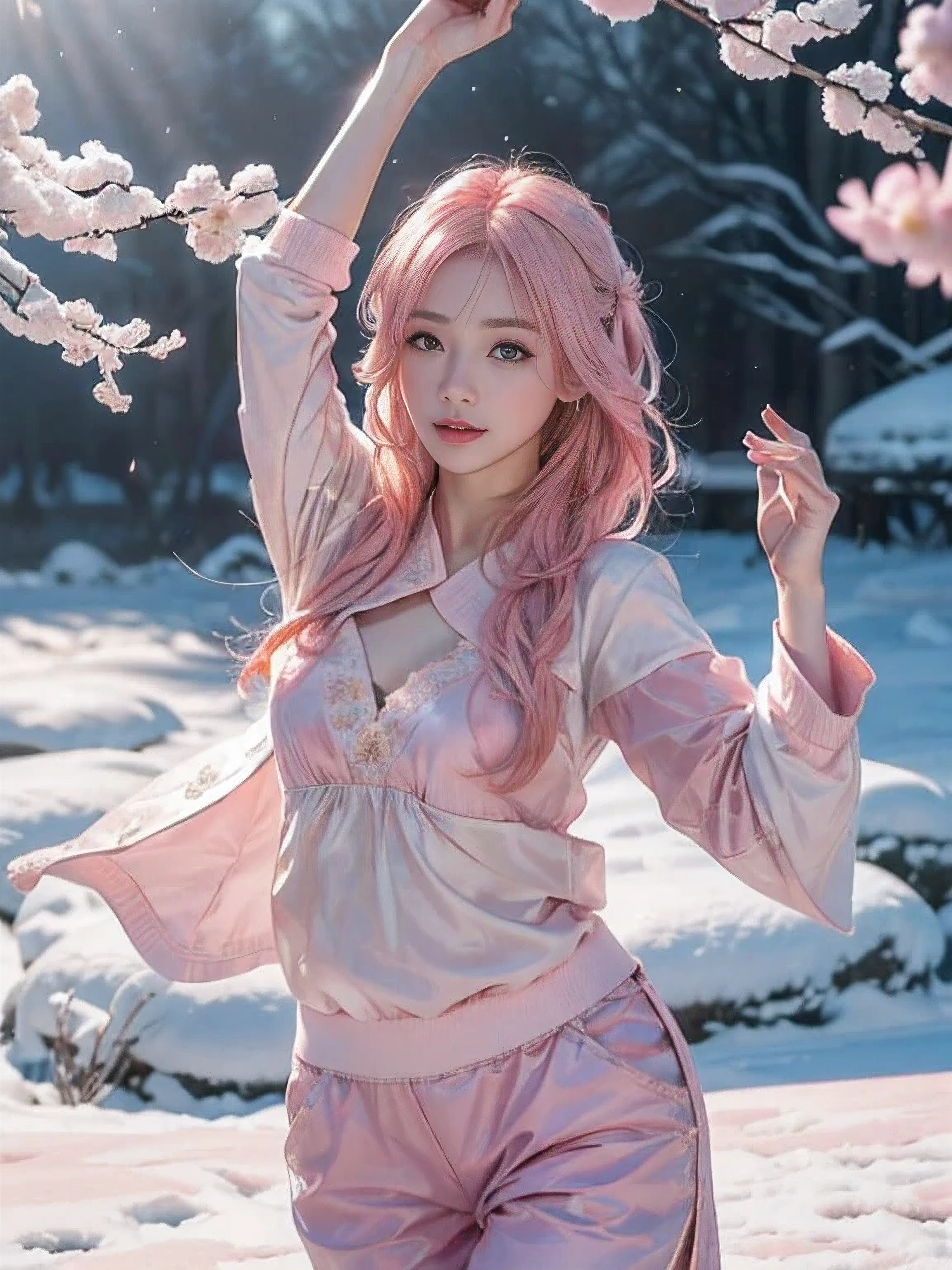 (logo、masterpiece、8k、table top、RAW photo、wonderful、最high quality、Photorealistic and hvery detailed CG integrated 8k wallpaper、high quality、very detailed、Narrative poem、particle effects、dynamic effects、written boundary depth、cinematic light、Lens flare、ray tracing)、fantasy、 (1 beautiful woman、light pink hair、beautiful face、real face、beautiful detailed eyes、beautiful skin、woman dancing gracefully:1.7、woman dancing gracefully:1.7)、Hair flutters in Wind、hair bouncey hair dances in the wind、hair jump、halter neck、leather pants、leather jacket、silver earrings、night、Wind、darkness、snow and hoarfrost、very cold winter day、snow-capped mountainや森、hoarfrost、snow-capped mountain々、The beauty and brilliance of frost-covered trees、Serenity and beauty meadow of ice and snow world、vast land、Lakeside、wonderful scenery、Beautiful natural wind scenery、night sky、Wind、cherry blossoms、cherry blossomsの花びらが舞っている、SakuraFubuki、falling petals