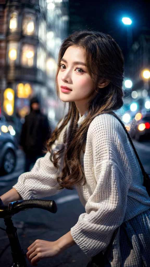 a girl riding a bicycle while using a smartphone, detailed face, beautiful detailed eyes, beautiful detailed lips, extremely detailed eyes and face, long eyelashes, detailed clothing, dynamic motion, urban city street background, (best quality,4k,8k,highres,masterpiece:1.2),ultra-detailed,(realistic,photorealistic,photo-realistic:1.37),vibrant colors,cinematic lighting,intricate details,street photography style